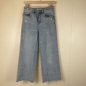 Mica Los Angeles Wide Leg Cropped‎ Jeans Distressed Hem Light Wash Denim Size 26